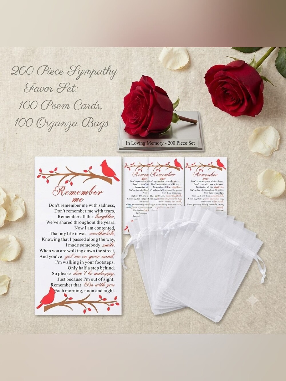 🍎 NEW 200 Pc Cardinal Memorial Funeral Favors Prayer Cards & White Organza Bags